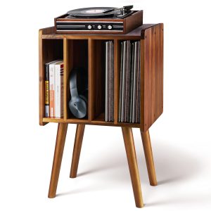 2BHOME Wooden Record Player Stand, Vinyl Record Storage Holder Table with 4 Cabinets, Holds up to 100 LPs, Metal Vinyl Record Organizer Stand, Classical Design for Files/Book (Mid-Century Modern)