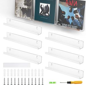 6 Pack Vinyl Record Shelf Wall Mount, 12" Clear Acrylic Album Record Display Holder, Invisible Floating Shelves with 2 Types of Installation (Adhesive or Screw)