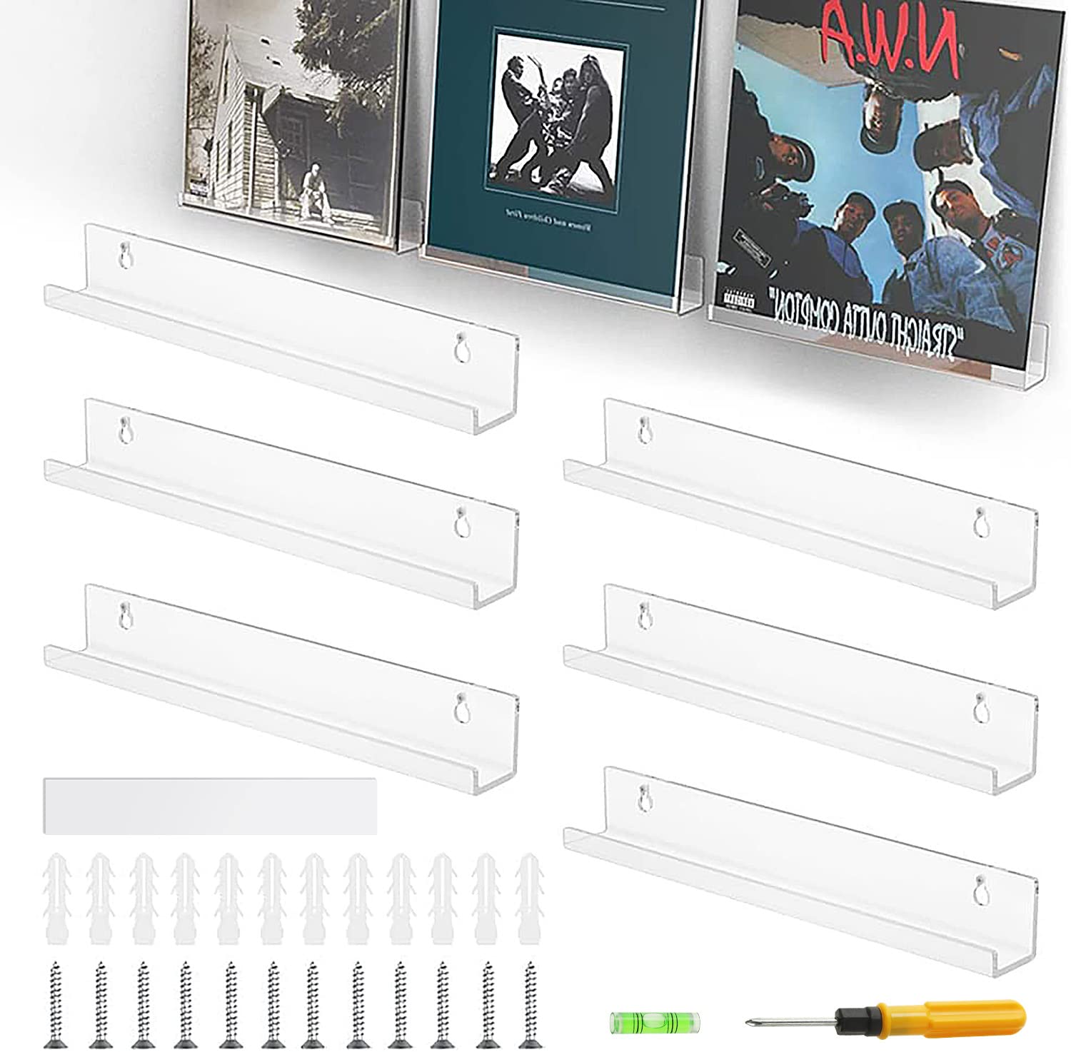 6 Pack Vinyl Record Shelf Wall Mount, 12" Clear Acrylic Album Record Display Holder, Invisible Floating Shelves with 2 Types of Installation (Adhesive or Screw)