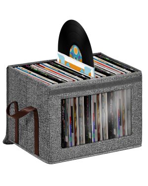 Hoyula 12 inch Vinyl Record Large Storage Box Organizer, 100 Vinyl Records Stylish Stackable Holder Fabric Storage Box with Lid and Handle, Gray, 1 Pack