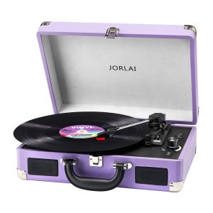 JORLAI Retro Record Player 3 Speeds Portable Suitcase Turntable with Built-in Speakers, Wireless Bluetooth Phonograph with 3.5mm Earphone Jack Built-in Battery AUX-in/RCA-Out, Black-Brown