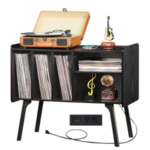 Lerliuo Record Player Stand with Charging Station Holds Up to 220 Albums, Large Turntable Stand with 4 Cabinet, Mid-Century Record Player Table,Brown Vinyl Holder Storage Shelf for Bedroom Living Room