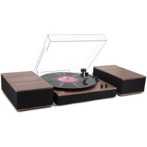 MPK Bluetooth Record Player,Turntable HiFi System with Bookshelf Speakers, 3-Speed Belt-Drive Vinyl Turntable for Vinyl Records with Wireless Playback and Auto-Stop,Brown Wood