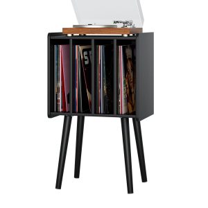 oiiokuku Record Player Stand - Record Player Table with Vinyl Storage, Black Vinyl Record Table Stand with Cabinets Hold 100 Albums, Turntable Stand with Wooden Legs for Living Room, Bedroom, Office