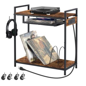 Record Player Stand Vinyl Record Stand with 2 Tier Storage and Wheels Turntable Stand with Charging Station and Album Storage End Table with Vinyl Holder Display Shelf for Living Room Grey
