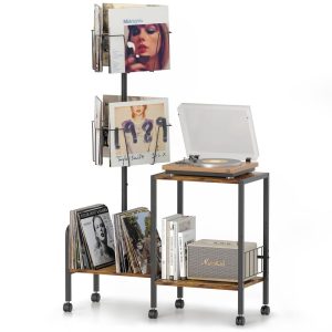 Record Player Stand, Vinyl Record Storage Rotating, Record Player Table with Vinyl Storage, Record Holder for Vinyl Records, Turntable Stand Up to 200 Vinyl Records Albums for Living Room Bedroom