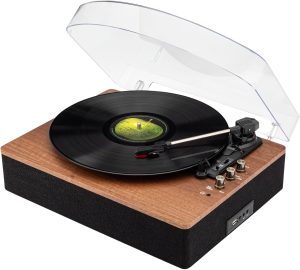 SoundBeast Retro Wooden Turntable with 3 Speed Vinyl Record Player, Built-in Stereo Speakers, Bluetooth, Aux in, USB Playback, & USB Recording to MP3