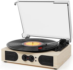 Vintage Record Player with 2 Built-in Speakers and Bass Control, 3 Speed Vinyl LP Turntable Player with Bluetooth in, RCA Line-Out, Headphone Jack,Natural