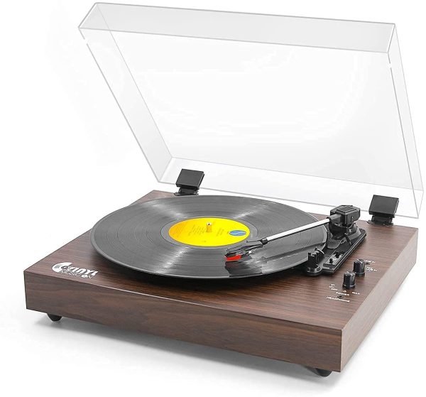 Vintage Turntable, Bluetooth Record Player, Built-in Dual Stereo Speakers, 3-Speed Belt-Drive Turntable, Record Player with Wireless Playback & Auto-Stop,Brown Wood