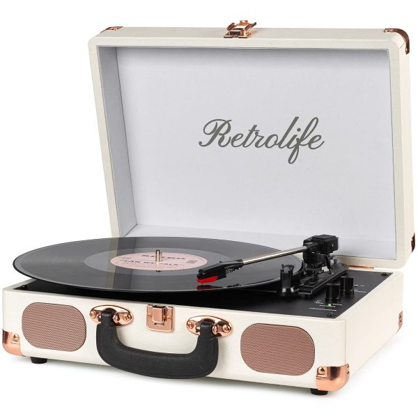 Vinyl Record Player 3-Speed Bluetooth Suitcase Portable Belt-Driven Record Player with Built-in Speakers AUX in RCA Line Out Headphone Jack Vintage Turntable White Color