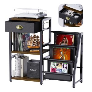 Record Player Stand, Runjuly 3-Tier Record Player Stand with Vinyl Storage, Turntable Stand with Drawer, Record Player Table Up to 200 Albums, Vinyl Record Stand, Vinyl Record Storage Cabinet for