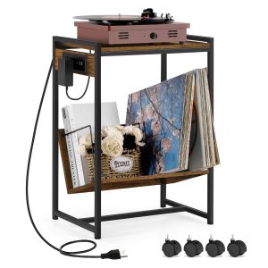 Record Player Stand with Vinyl Storage Side Table with Charging Station 2 Tier Record Player Table with Classified Storage for Living Room Bedroom Office, Rustic Brown