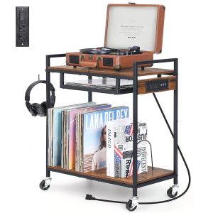 Record Player Stand with Vinyl Storage, Vinyl Record Player Stand, Turntable Stand with Charging Station, Record Player Holder with Detachable Wheels & Foot Pads, Record Cabinet with 4 Divider…