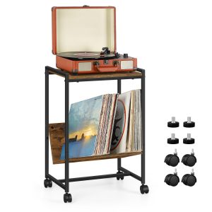 Record Player Table, 2 Tier Record Player Stand with 3 Quick-Release Divider, Vinyl Record Stand Storage with 4 Wheels, Turntable Stand for Bedroom Living Room and Office(Grey)