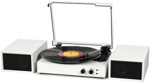 Vinyl Record Player with External Speakers, Wireless Bluetooth Playback 3 Speed Vintage Belt-Driven Turntable with Speakers, MP3 PC Encoding, RCA and Headphone Out, Walnut