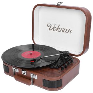 Voksun 3-Speed Precision Turntable with Dual 15 Watt Speakers, High Fidelity Vinyl Record Player with Magnetic Cartridge, Belt-Drive, Bluetooth, Natural Walnut