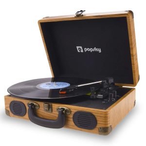 Record Player, Popsky Vintage Turntable 3-Speed Bluetooth Record Player with Speaker, Portable LP Vinyl Player, RCA Jack, Natural Wood