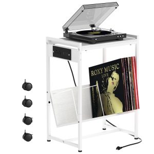Record Player Stand White Vinyl Record Storage Record Player Table with Charging Station Turntable Stand with Album Storage End Side Table Nightstand for Living Room Bedroom