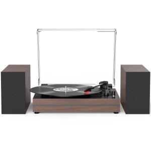 Vintage Record Player with External Speakers Belt-Drive Turntable for Vinyl Records Dual Stereo Speakers LP Players Support 3 Speed 3 Size Wireless Playback AUX Headphone Input Auto Stop Wood Red