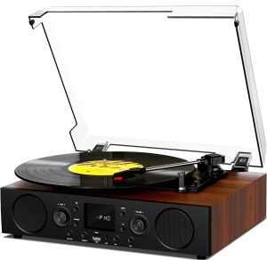 Vinyl Record Player Bluetooth with Speakers USB Recording FM Radio Mute Sound, 3 Speed Record Player with RCA Line-Out & AUX-in, Vintage Turntable