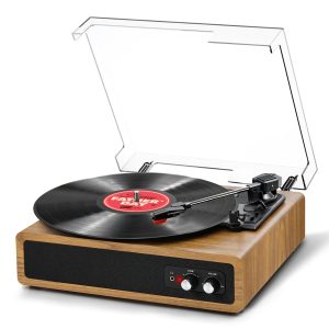 Anesky Record Player, Bluetooth Turntable with 3 Speeds (33/45/78 RPM), Built-in 2 Stereo Speakers, RCA, AUX, Belt-Driven Retro Vinyl Player for Vinyl Records and Music - Natrual Wood