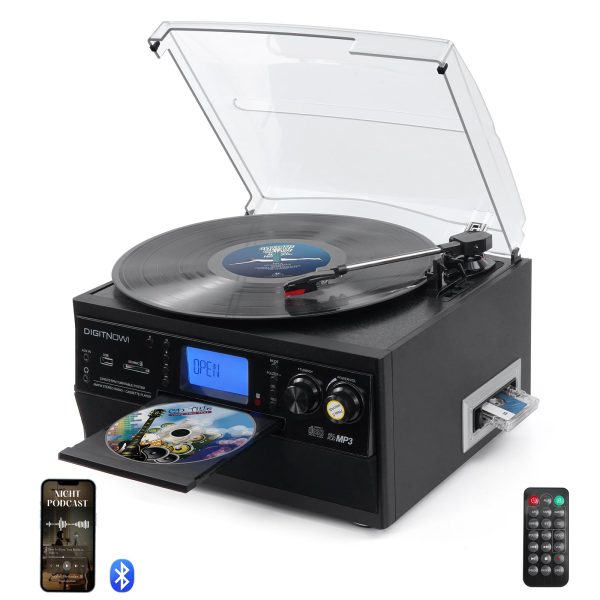 Bluetooth Record Player, Multimedia Center Player with Stereo Built-in Speakers, LP Vinyl to MP3 Converter, 3-Speed Turntable, CD/Cassette Player, FM Radio, Aux in and USB/SD Encoding, Remote Control
