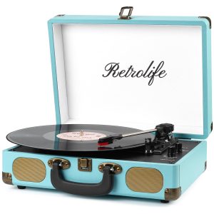 Record Player Bluetooth Portable Suitcase Vinyl Player with Built-in Speakers Retro Style Record Player for Vinyl Records 3-Speed RCA Line Out AUX in Vintage Turntable Upgrade Black