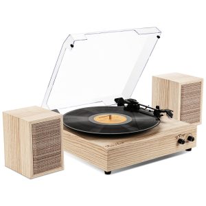 Vinyl Record Player, RetroBeat External Speakers Vintage 3-Speed Bluetooth LP Player,Belt-Driving Turntable with Stereo Speakers, Wireless Playback and Auto-Stop