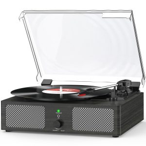 Vinyl Record Player with Build in Speakers Vintage Portable Turntable Supports Bluetooth Receiver USB Input,AUX Input,RCA Line Out,3 Speed and Headphone Jack Wooden Black