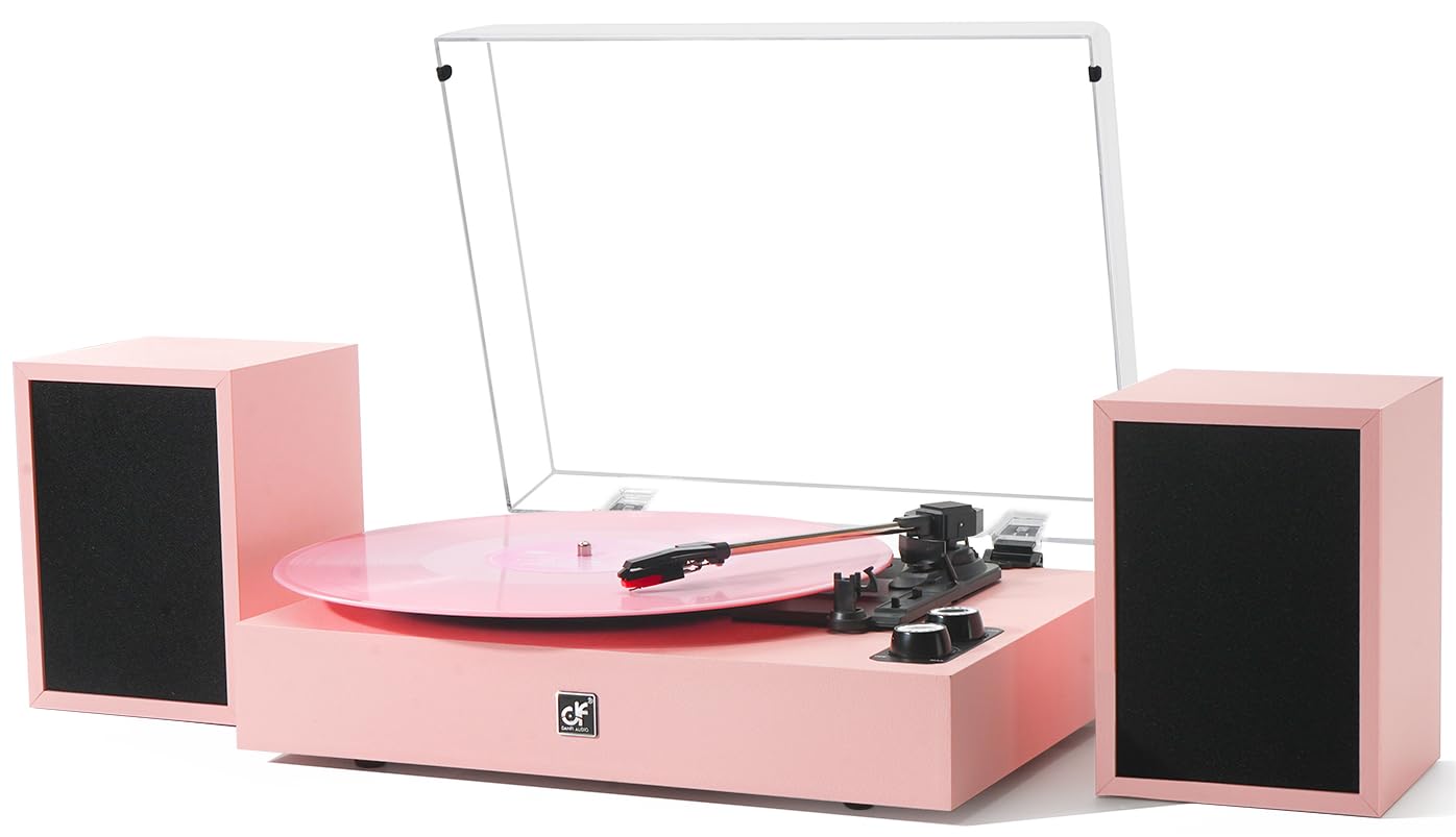 Vinyl Record Player with External Speakers, Wireless Bluetooth 3 Speed Vintage Record Player and Speakers Retro Turntable with Stereo Speakers, RCA Line-Out and AUX-in, Black