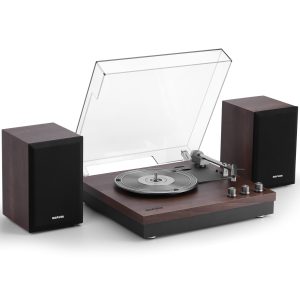 Retrospiler Record Player, 3 Speed Turntable with Two 15W External Speakers, Bluetooth Input, Aux-in, USB Playback& LP-MP3 Recording, Vintage Vinyl Player, Dark Brown Wood