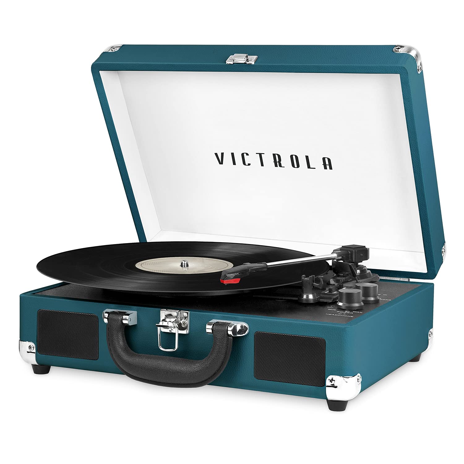 Victrola Vintage 3-Speed Bluetooth Portable Suitcase Record Player with Built-in Speakers | Upgraded Turntable Audio Sound | Blue Coral