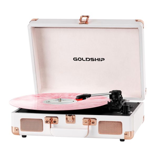 GOLDSHIP Record Player 3 Speeds Bluetooth Portable Suitcase Vinyl Record Player with Built-in Battery/Speakers, Vintage Gramophone with 3.5mm Aux-in/RCA Line Out Belt Driven, White