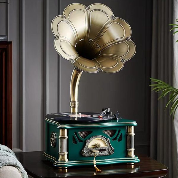 HZLSBL Vintage Gramophone with Bluetooth Output Vintage Record Players Retro Gramophone Turntables for 7" 9" 12" Vinyl Records 3 Speed, Hi-Fi, Handcrafted by Pure Oak (Walnut)