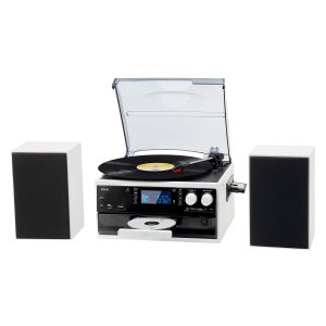Jorlai 10 in 1 Vinyl Record Player Bluetooth Vintage Turntable 3-Speed with AM/FM Radio, 2 Separate Stereo Speakers, CD/Cassette Player, USB SD Player, Encoding RCA Outputs 3.5mm Aux in