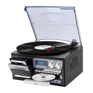 PAREIKO 9 in 1 Vinyl 3 Speed Record Player with Bluetooth Turntable for Vinyl with Built-in Speakers USB Playback CD Cassette FM AM Raido Aux in RCA Out Vintage