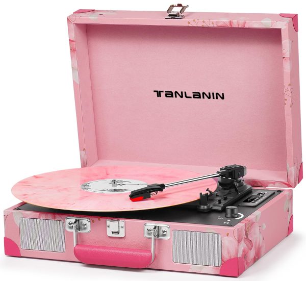 Record Player with Enhanced Speakers 3-Speed Bluetooth Suitcase Portable Vinyl Record Player Treble & Bass Control Belt Drive Vinyl Vintage Turntable AUX Line-in/Out, White