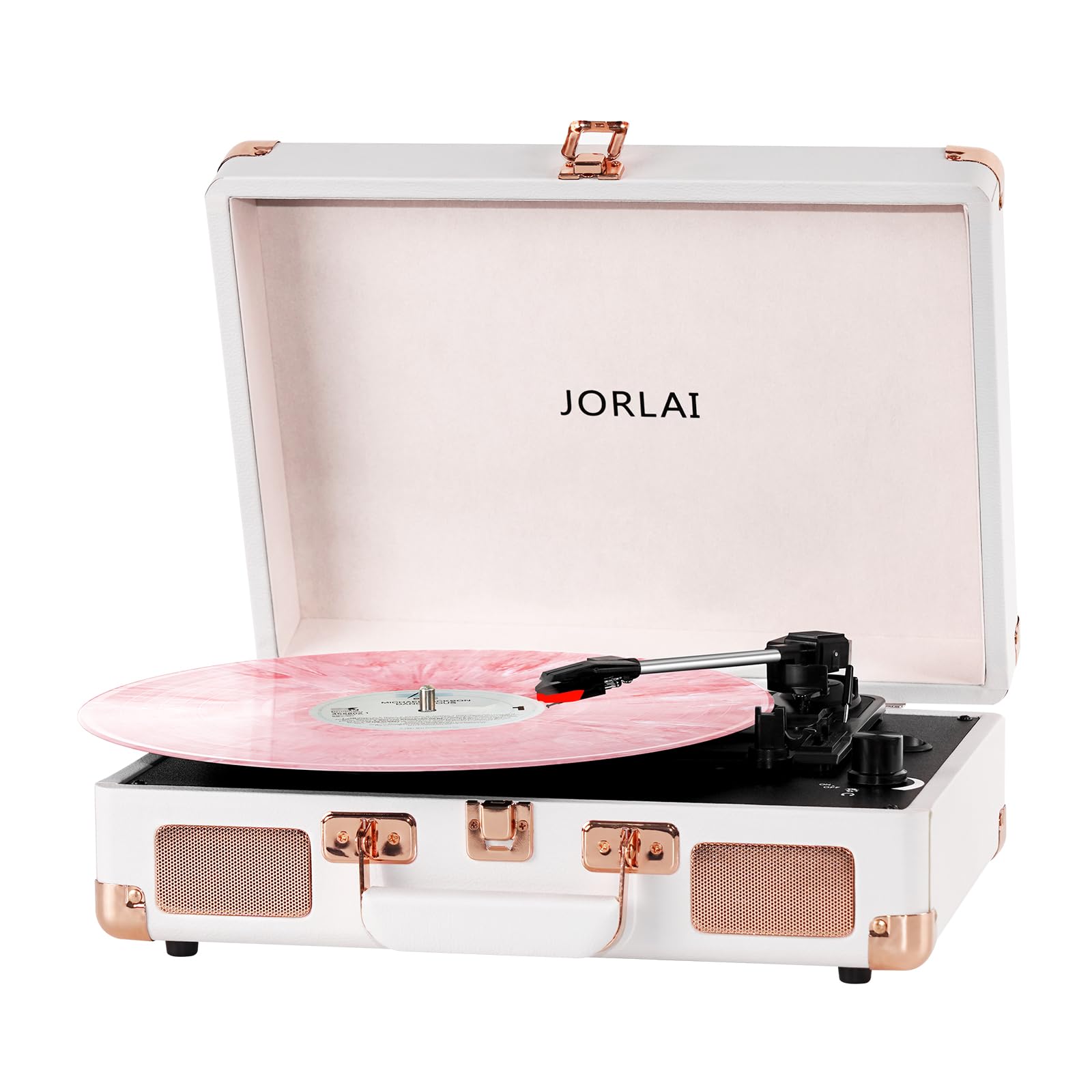 The 3 Speeds Record Player Vintage Portable Suitcase Turntable, Bluetooth Vinyl Phonograph with Built-in Battery & Speakers, 3.5MM Headphone Jack/AUX/RCA/Belt-Driven, Black