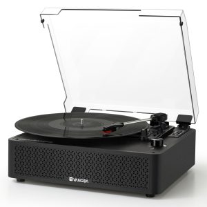 Vangoa Vinyl Record Player Turntable with 2 Built-in Speakers, Wireless Record Player 3 Speed 3 Size, Portable Vintage Belt-Driven Turntables for Vinyl Records, Black