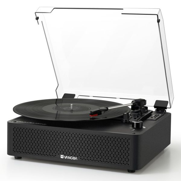 Vangoa Vinyl Record Player Turntable with 2 Built-in Speakers, Wireless Record Player 3 Speed 3 Size, Portable Vintage Belt-Driven Turntables for Vinyl Records, Black