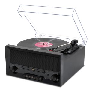 Vintage 3-Speed Turntable Bluetooth Input Record Player Vinyl Record Player with Twin Built-in Stereo Speakers,Auto Stop,RCA Output, Full Size Platter,Acrylic Dust Cover, Brown Wood
