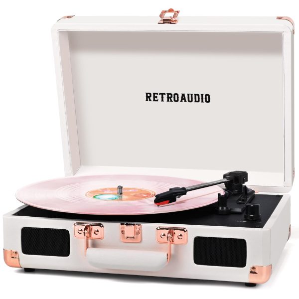 Vinyl Record Player with Built-in Speakers 3-Speed Vintage Record Player Bluetooth Portable Suitcase Turntable Belt-Driven LP Player Support RCA Output and Headphone Output White Rose Gold