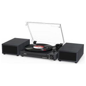 Vinyl Record Player with External Speakers,Turntable with BT 5.3 for Vinyl Records,Portable Vintage Vinyl Player with USB,3 Speed and RCA Wooden Black