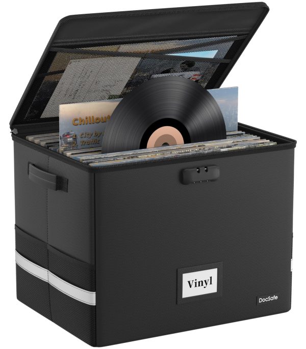 DocSafe Vinyl Record Storage Box with Lock,Fireproof＆Water Resistant Record Organizer Storage for 100+ Single Records(12-inch),Collapsible Storage Crate with Lid&Handles for Valuable Album Collection
