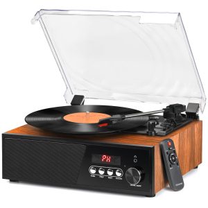Vinyl Record Player Bluetooth with USB Digital FM Radio Remote Control Vintage Turntable for Vinyl Records with Speakers 3 Input RCA Line Out Black