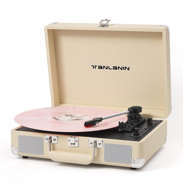 Vinyl Record Player with Built-in Speaker, USB Recording, Bluetooth Vintage Portable Suitcase Turntables for Vinyl, 3 Speed Belt-Drive Retro LP Player Support AUX/RCA/Headphone Jack, Peach Rose Gold