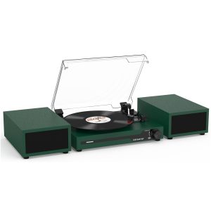 Vinyl Record Player with External Speakers BT 5.3 Wireless Turntable Portable with 3 Speed USB Vintage Wooden Yellow