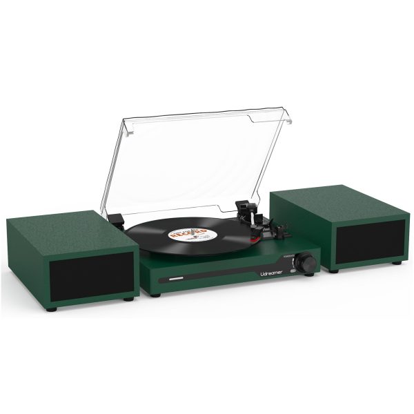 Vinyl Record Player with External Speakers BT 5.3 Wireless Turntable Portable with 3 Speed USB Vintage Wooden Yellow