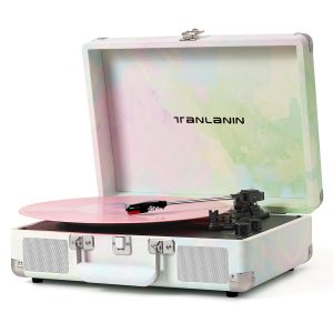 Vinyl Record Player with Treble & Bass Gain Vintage 3-Speed Bluetooth Suitcase Portable LP Turntable Player with Built-in Speaker, 33 45 78RPM, Belt Drive, Auto Stop, RCA/AUX/Headphone Jack, Turquoise