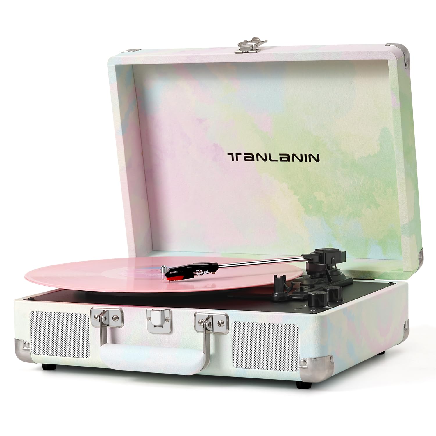 Vinyl Record Player with Treble & Bass Gain Vintage 3-Speed Bluetooth Suitcase Portable LP Turntable Player with Built-in Speaker, 33 45 78RPM, Belt Drive, Auto Stop, RCA/AUX/Headphone Jack, Turquoise